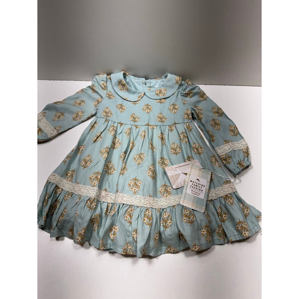 Tommy Bahama Baby Size 18 M Dress Long Sleeve Lace Trim Teal Peter Pants Collar